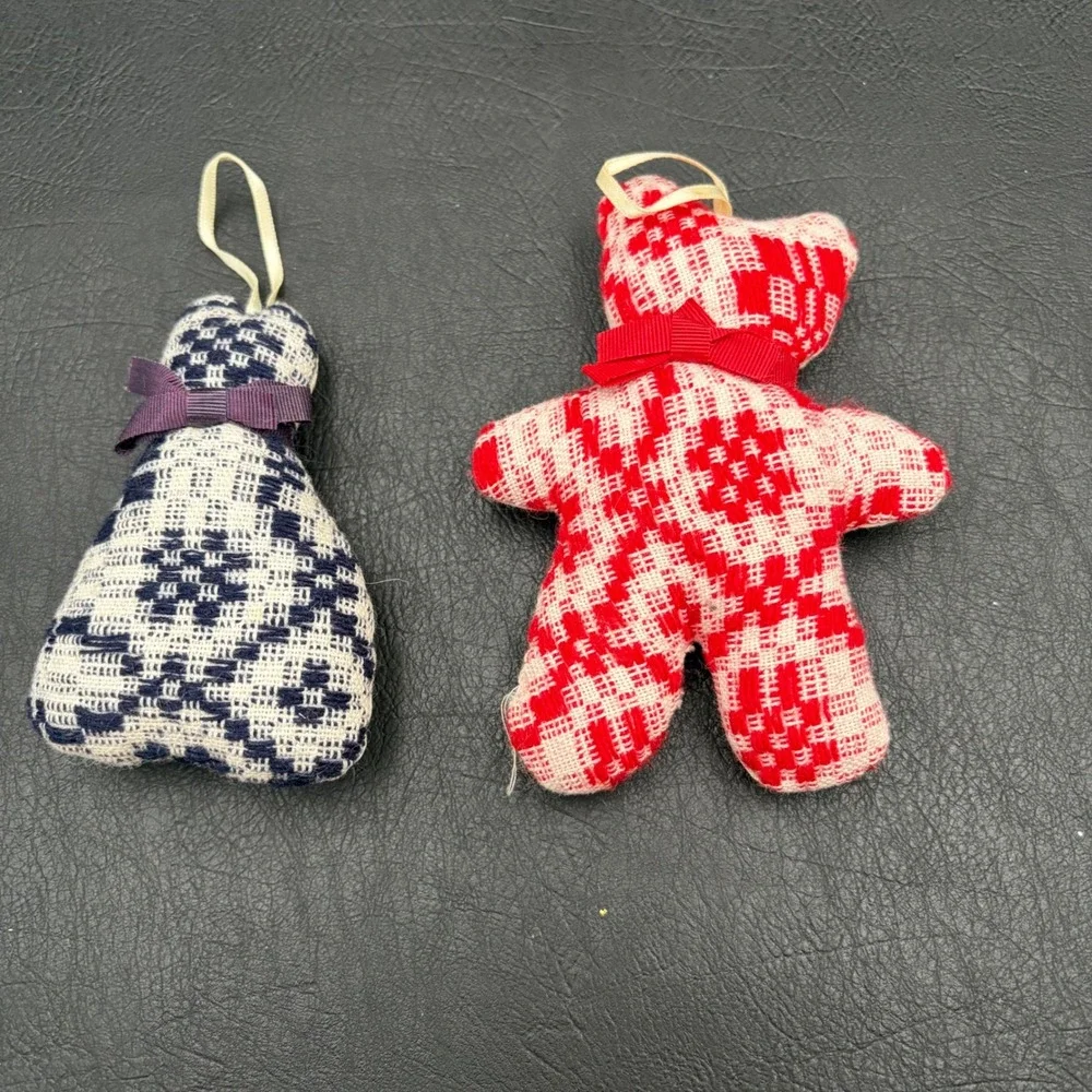 Vintage Handmade Fabric Ornaments Set of 2 Teddy Bear Doll Navy Woven Folk Art